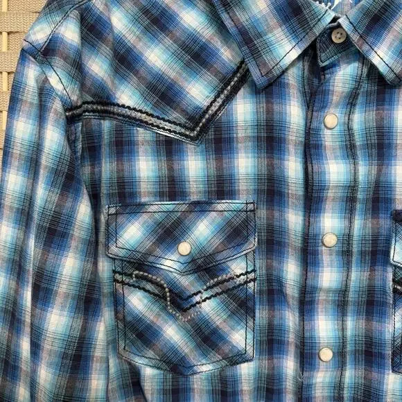Wrangler Rock 47 Men’s Western Pearl Snap Shirt XXL Blue Plaid Long Sleeve EUC - Picture 3 of 12